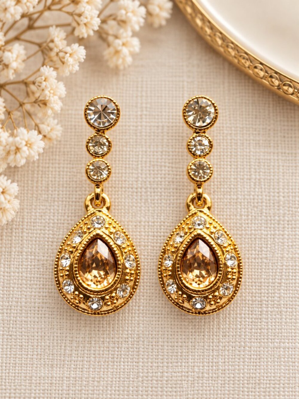 Vintage Gold Tone Champagne Crystal Drop Earrings Victorian Style